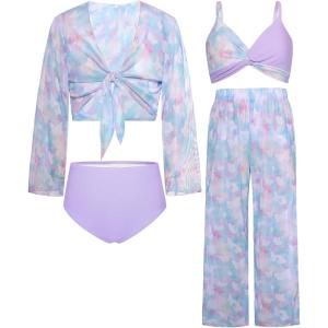 imageGRACE KARIN Teen Girls Bathing Suits Kids 4 Piece Long Sleeve Swimsuit Kimono Up Pants Bikini Tankini Set SwimwearPurplebutterfly