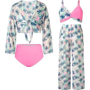 imageGRACE KARIN Teen Girls Bathing Suits Kids 4 Piece Long Sleeve Swimsuit Kimono Up Pants Bikini Tankini Set SwimwearWhitepink Blue