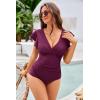 imageGRACE KARIN Womens One Piece Swimsuits Tummy Control 2025 V Neck Wrap Bathing Suits Ruched Ruffle Slimming SwimwearWine Red