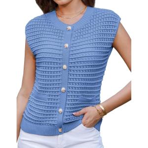 imageGRACE KARIN 2025 Casual Summer Crochet Open Front Cardigan for Women Button Down Sweater Vest Tops Beach Swim Cover UpLight Blue