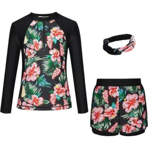 imageGRACE KARIN Girls 2Piece Rash Guard Set Long Sleeve Swimwear with Hairband 512YBlack