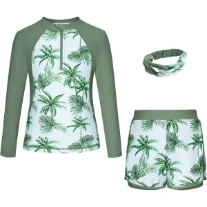 imageGRACE KARIN Girls 2Piece Rash Guard Set Long Sleeve Swimwear with Hairband 512YGreen Coconut Tree