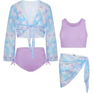 imageGRACE KARIN Girls Bathing Suit Adjustable Taniki Swimsuit Tie Front 4 Piece Bikini Set with Kimono Cover Up 614Blooming Butterfly