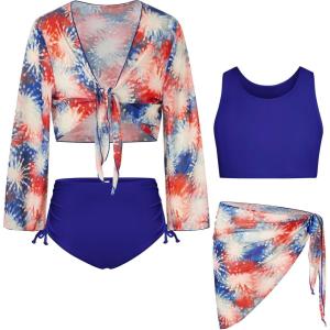 imageGRACE KARIN Girls Bathing Suit Adjustable Taniki Swimsuit Tie Front 4 Piece Bikini Set with Kimono Cover Up 614Blue Redfirework