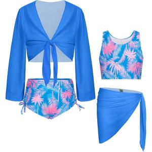 imageGRACE KARIN Girls Bathing Suit Adjustable Taniki Swimsuit Tie Front 4 Piece Bikini Set with Kimono Cover Up 614Bluecoconut