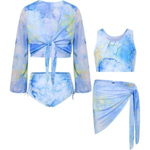 imageGRACE KARIN Girls Bathing Suit Adjustable Taniki Swimsuit Tie Front 4 Piece Bikini Set with Kimono Cover Up 614Bluepurple