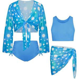 imageGRACE KARIN Girls Bathing Suit Adjustable Taniki Swimsuit Tie Front 4 Piece Bikini Set with Kimono Cover Up 614Green Bluedaisy