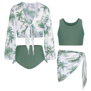 imageGRACE KARIN Girls Bathing Suit Adjustable Taniki Swimsuit Tie Front 4 Piece Bikini Set with Kimono Cover Up 614Greencoconut