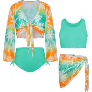 imageGRACE KARIN Girls Bathing Suit Adjustable Taniki Swimsuit Tie Front 4 Piece Bikini Set with Kimono Cover Up 614Greencoconut Tree