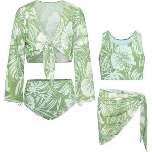imageGRACE KARIN Girls Bathing Suit Adjustable Taniki Swimsuit Tie Front 4 Piece Bikini Set with Kimono Cover Up 614Greenwhite