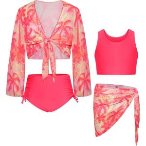 imageGRACE KARIN Girls Bathing Suit Adjustable Taniki Swimsuit Tie Front 4 Piece Bikini Set with Kimono Cover Up 614Hot Pinkcoconut
