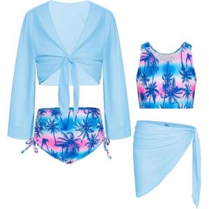 imageGRACE KARIN Girls Bathing Suit Adjustable Taniki Swimsuit Tie Front 4 Piece Bikini Set with Kimono Cover Up 614Light Bluecoconut