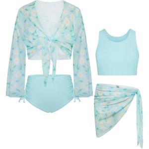 imageGRACE KARIN Girls Bathing Suit Adjustable Taniki Swimsuit Tie Front 4 Piece Bikini Set with Kimono Cover Up 614Light Bluedaisy