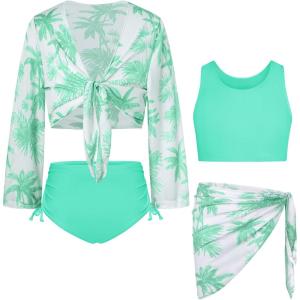 imageGRACE KARIN Girls Bathing Suit Adjustable Taniki Swimsuit Tie Front 4 Piece Bikini Set with Kimono Cover Up 614Light Green