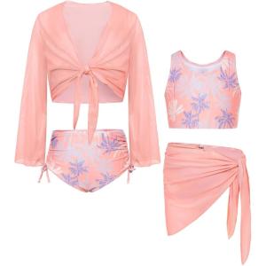 imageGRACE KARIN Girls Bathing Suit Adjustable Taniki Swimsuit Tie Front 4 Piece Bikini Set with Kimono Cover Up 614Light Pink