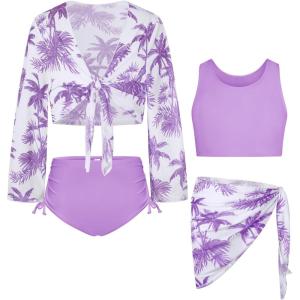 imageGRACE KARIN Girls Bathing Suit Adjustable Taniki Swimsuit Tie Front 4 Piece Bikini Set with Kimono Cover Up 614Light Pink New