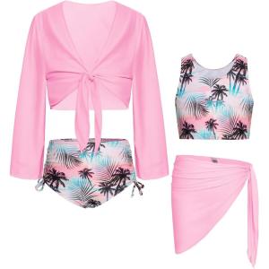 imageGRACE KARIN Girls Bathing Suit Adjustable Taniki Swimsuit Tie Front 4 Piece Bikini Set with Kimono Cover Up 614Pinkcoconut
