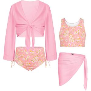 imageGRACE KARIN Girls Bathing Suit Adjustable Taniki Swimsuit Tie Front 4 Piece Bikini Set with Kimono Cover Up 614Pinkdaisy