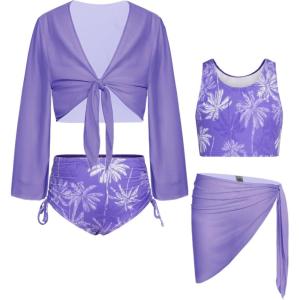 imageGRACE KARIN Girls Bathing Suit Adjustable Taniki Swimsuit Tie Front 4 Piece Bikini Set with Kimono Cover Up 614Purplecoconut