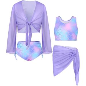 imageGRACE KARIN Girls Bathing Suit Adjustable Taniki Swimsuit Tie Front 4 Piece Bikini Set with Kimono Cover Up 614Purplemermaid