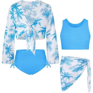 imageGRACE KARIN Girls Bathing Suit Adjustable Taniki Swimsuit Tie Front 4 Piece Bikini Set with Kimono Cover Up 614Sky Blue