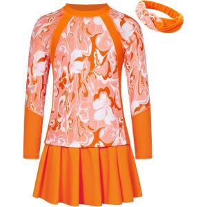 imageGRACE KARIN Girls Swimsuit Girls Long Sleeve Rash Guard 3Pieces Bathing Suit 512YOrange Flower