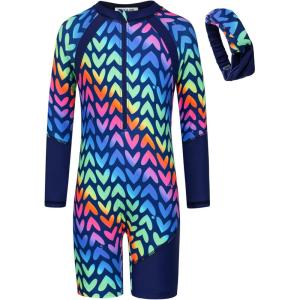 imageGRACE KARIN Girls Swimsuit Girls One Piece Long Sleeve Rash Guard 512 Years with ZipRainbow Hearts