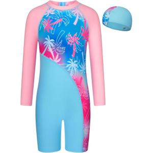 imageGRACE KARIN Girls Swimsuit Long Sleeve UV Protective Bathing Suit One Piece Swimwear for Kids 512 YearsPink and Blue Coconut Tree