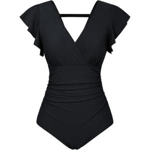 imageGRACE KARIN Womens One Piece Swimsuits Tummy Control 2025 V Neck Wrap Bathing Suits Ruched Ruffle Slimming SwimwearBlack