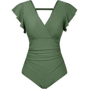 imageGRACE KARIN Womens One Piece Swimsuits Tummy Control 2025 V Neck Wrap Bathing Suits Ruched Ruffle Slimming SwimwearGreen