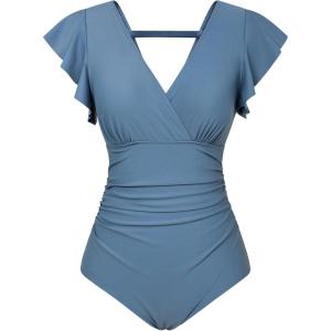 imageGRACE KARIN Womens One Piece Swimsuits Tummy Control 2025 V Neck Wrap Bathing Suits Ruched Ruffle Slimming SwimwearHaze Blue
