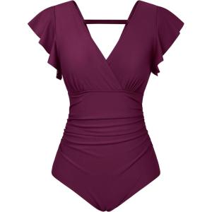 imageGRACE KARIN Womens One Piece Swimsuits Tummy Control 2025 V Neck Wrap Bathing Suits Ruched Ruffle Slimming SwimwearWine Red