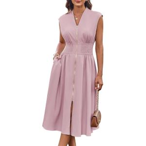imageGRACE KARIN Womens Summer Casual Dress V Neck Cap Sleeve Zipper Front Flowy Midi Dress with PocketsGrey Pink