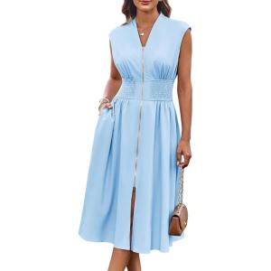 imageGRACE KARIN Womens Summer Casual Dress V Neck Cap Sleeve Zipper Front Flowy Midi Dress with PocketsLight Blue