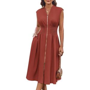 imageGRACE KARIN Womens Summer Casual Dress V Neck Cap Sleeve Zipper Front Flowy Midi Dress with PocketsRust Red
