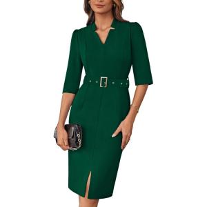 imageGRACE KARIN Womens Work Dress 34 Sleeve V Neck Bodycon Sheath Dress Zipper Up Office Business Dresses with BeltDark Green
