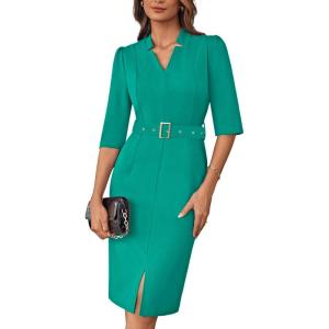 imageGRACE KARIN Womens Work Dress 34 Sleeve V Neck Bodycon Sheath Dress Zipper Up Office Business Dresses with BeltGreen