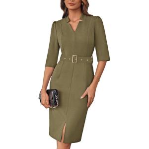 imageGRACE KARIN Womens Work Dress 34 Sleeve V Neck Bodycon Sheath Dress Zipper Up Office Business Dresses with BeltGrey Green