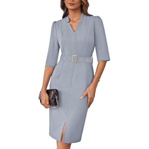 imageGRACE KARIN Womens Work Dress 34 Sleeve V Neck Bodycon Sheath Dress Zipper Up Office Business Dresses with BeltLight Gray