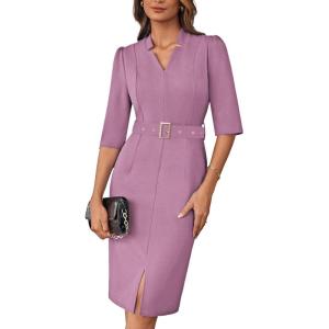 imageGRACE KARIN Womens Work Dress 34 Sleeve V Neck Bodycon Sheath Dress Zipper Up Office Business Dresses with BeltLilac
