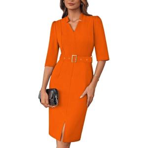 imageGRACE KARIN Womens Work Dress 34 Sleeve V Neck Bodycon Sheath Dress Zipper Up Office Business Dresses with BeltOrange
