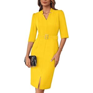 imageGRACE KARIN Womens Work Dress 34 Sleeve V Neck Bodycon Sheath Dress Zipper Up Office Business Dresses with BeltYellow