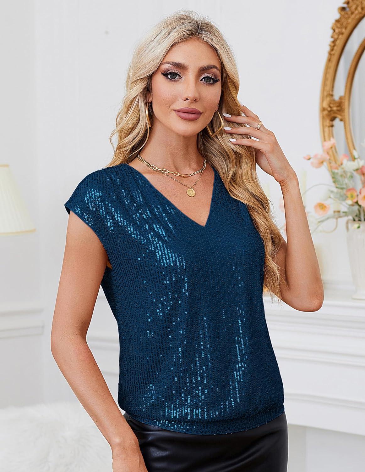 imageGRACE KARIN V Neck Sequin Short Sleeve Tops for Women Elastic Sparkly Tank Top for PartyPeacock Blue