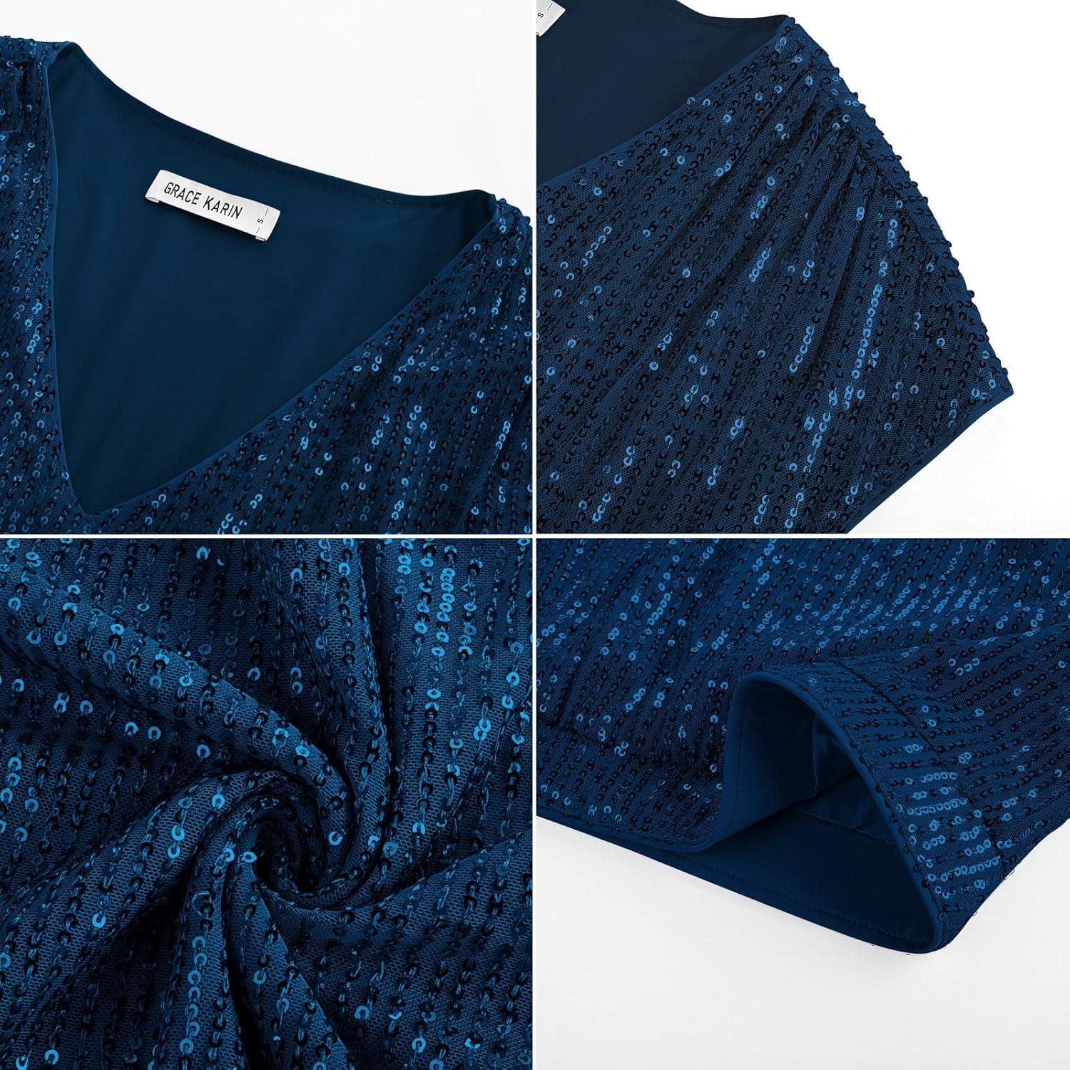 imageGRACE KARIN V Neck Sequin Short Sleeve Tops for Women Elastic Sparkly Tank Top for PartyPeacock Blue