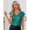 imageGRACE KARIN V Neck Sequin Short Sleeve Tops for Women Elastic Sparkly Tank Top for PartyLake Green