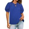 imageShort Sleeve Tops for Women Dressy Drawstring Tops Hollow Out Eyelet Embroidery Casual Blouse Royal Blue S