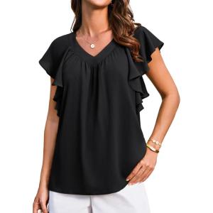imageGRACE KARIN 2025 Womens Dressy Casual Ruffle Short Sleeve Summer Tops V Neck Loose Fit Blouse Chiffon ShirtBlack