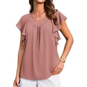 imageGRACE KARIN 2025 Womens Dressy Casual Ruffle Short Sleeve Summer Tops V Neck Loose Fit Blouse Chiffon ShirtPink