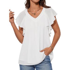 imageGRACE KARIN 2025 Womens Dressy Casual Ruffle Short Sleeve Summer Tops V Neck Loose Fit Blouse Chiffon ShirtWhite