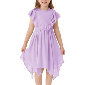 imageGRACE KARIN Girls Boho Dress Ruffle Sleeve Midi Solid Color Elastic Waist ALine Girls Summer Dresses 512YLavender